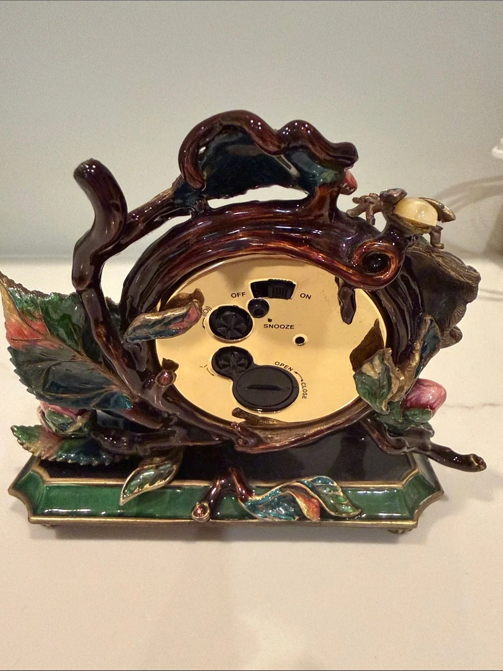 Jay Strongwater Purple Floral Mantel Clock with Gold Face and Green Accents